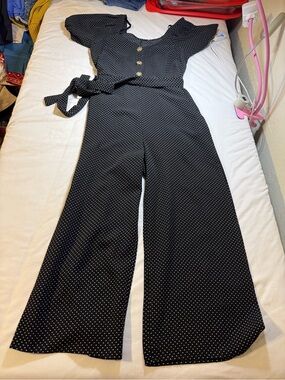 Polka Dot Black Wide-Leg Jumpsuit with Tie Waist